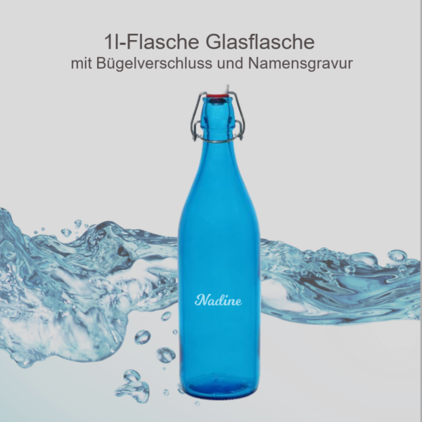 1l-Glasflasche in blau inkl. Bügelverschluss und Namen Gravur