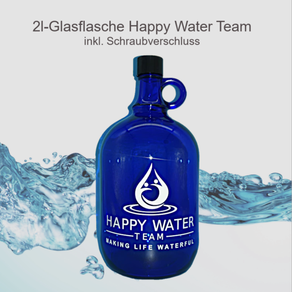 blaue 2l Glasflasche mit HappyWaterTeam Aufdruck