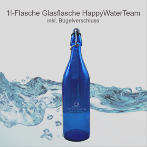 blaue 1l Flasche mit HappyWater Team Bedruckung
